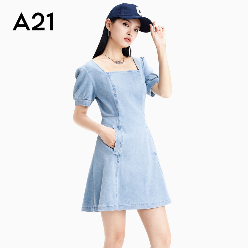 A21女装方领牛仔裙女夏季新款收腰法式气质泡泡短袖连衣裙