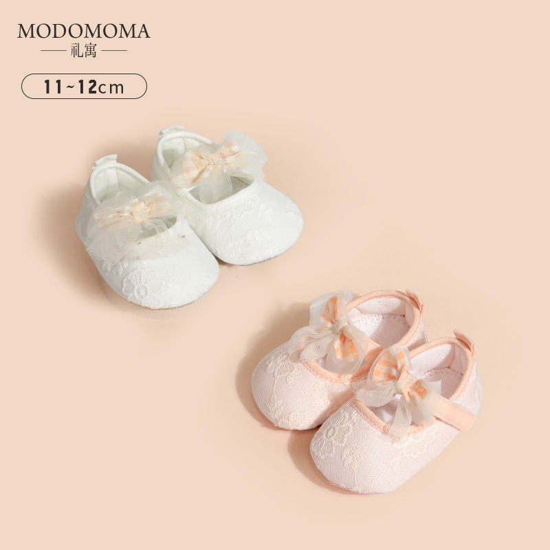 modomoma新生儿用品婴儿鞋子春装公主女宝洋气蕾丝薄款软底学步鞋