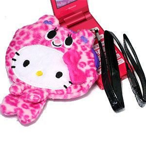 日本进口三丽欧正版KITTY凯蒂猫粉红豹纹零钱包附背绳
