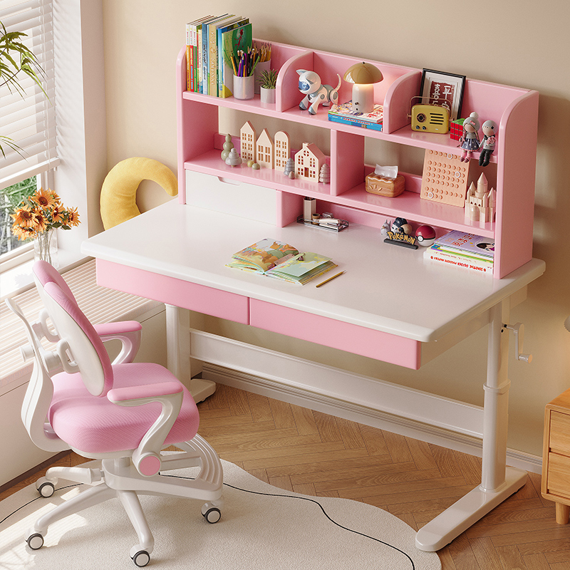 儿童学习桌实木书桌书架一体桌可升降课桌家用小学生写字桌椅套装