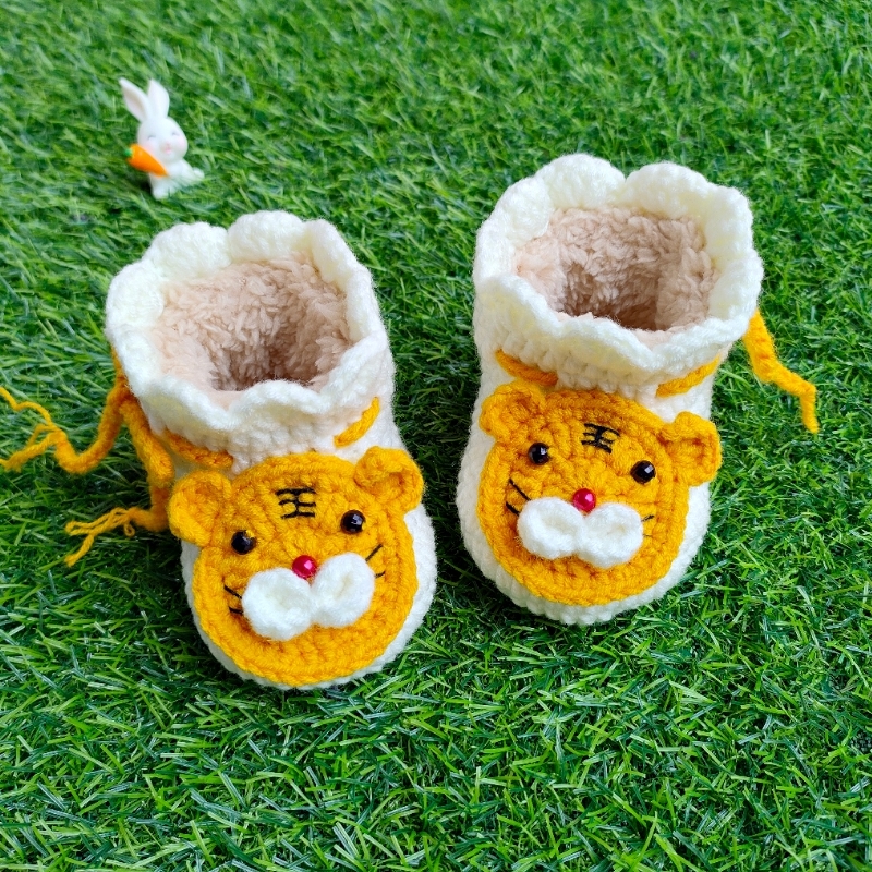 冬季手工编织婴儿鞋可爱小老虎宝宝加绒软底毛线棉鞋0-12个月成品