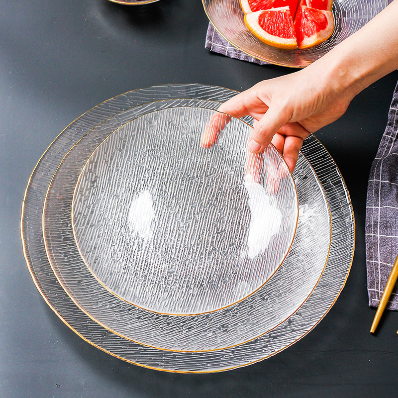 日式横纹玻璃盘网红家用透明餐具水果盘子西餐沙拉碗餐盘碟子精致