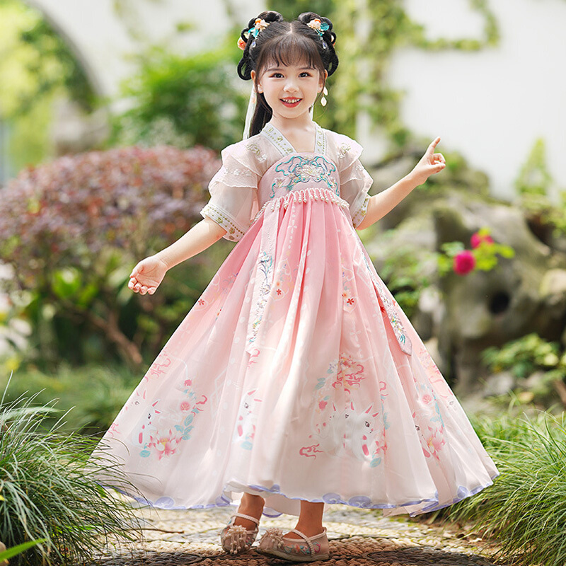 女童汉服夏季女孩短袖童装超仙中国风公主古装儿童刺绣唐装演出服