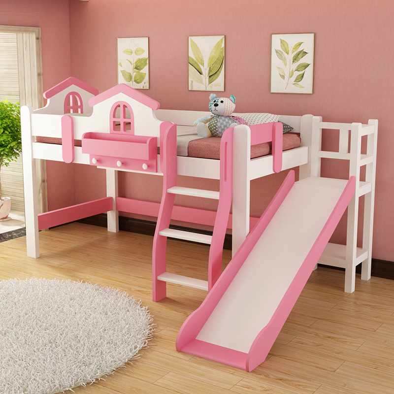 全实木滑梯床半高床组合床彩色儿童床多功能床实木梯柜粉色公主床