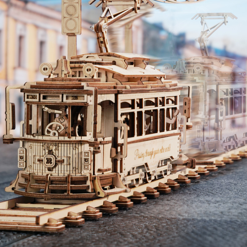 rokr若客有轨电车儿童玩具汽车火车木质拼装模型立体积木拼图玩具
