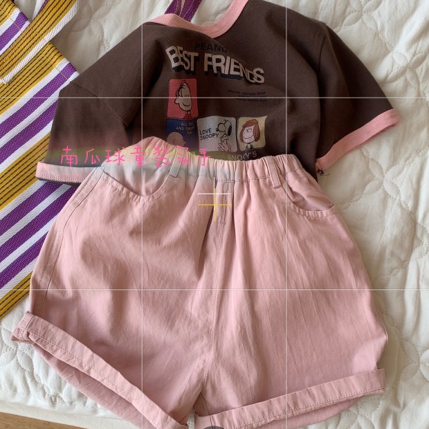 韩国童装女童夏装时髦拼色套装儿童咖色卡通t恤粉色半裙两件套潮