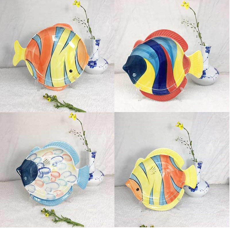 创意时尚可爱陶瓷家用儿童宝宝餐具手绘釉下彩鱼形异形浅饭盘子碟