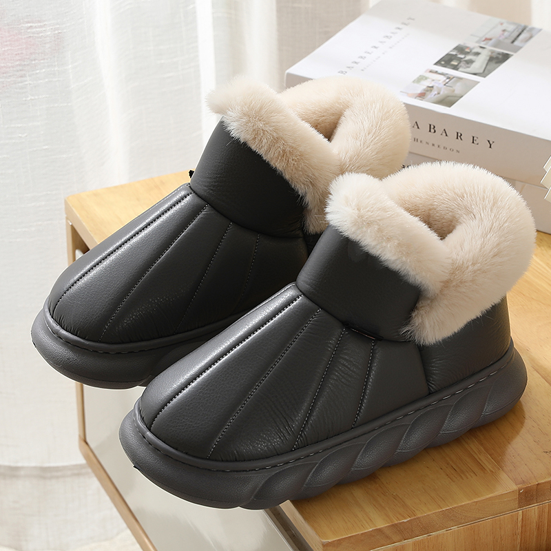 新品冬季高筒棉拖鞋女包跟防水PU皮室内家居外穿厚底保暖防滑月子