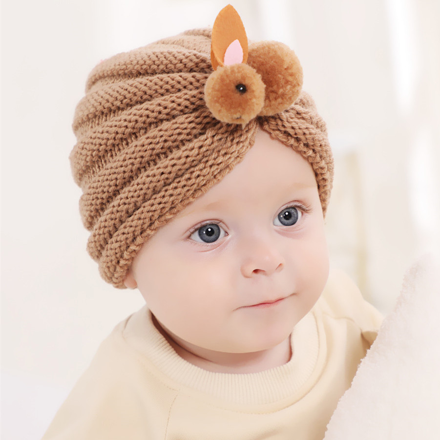 婴儿帽子秋冬男女宝宝护卤门帽可爱小兔印度帽保暖针织冬季毛线帽