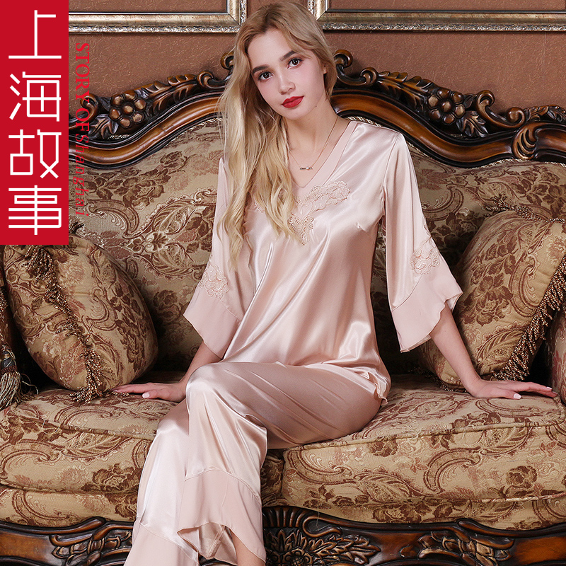 上海故事睡衣女冰丝夏季薄款中年妈妈仿真丝绸短袖居家服两件套