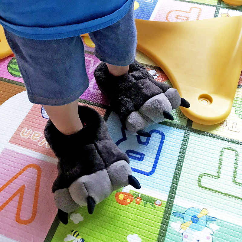 恐龙熊爪子儿童保暖棉拖鞋男童女童室内静音家居地板鞋软底防滑冬