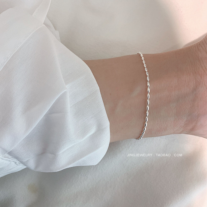 S925纯银超细小米粒手链女小众设计百搭精致INS简约通体银裸链