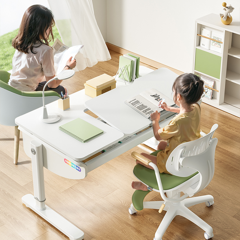 七色花月白桌家用桌椅简约实木可升降小学生书桌儿童学习桌套装