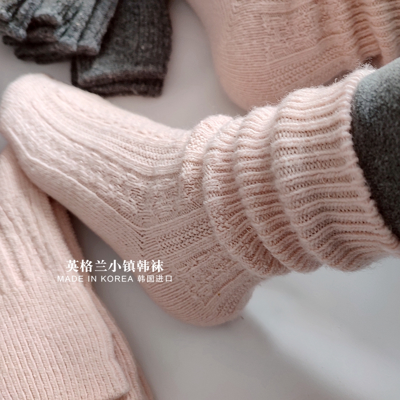 进口韩国正品粗线羊毛线中筒冬季加厚保暖长堆堆袜女粉蓝灰黑色