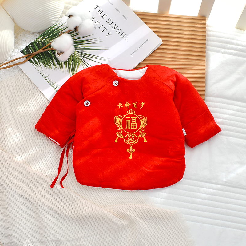新生婴儿衣服上衣单件秋冬夹薄棉半背衣初生红色宝宝贴身棉和尚服