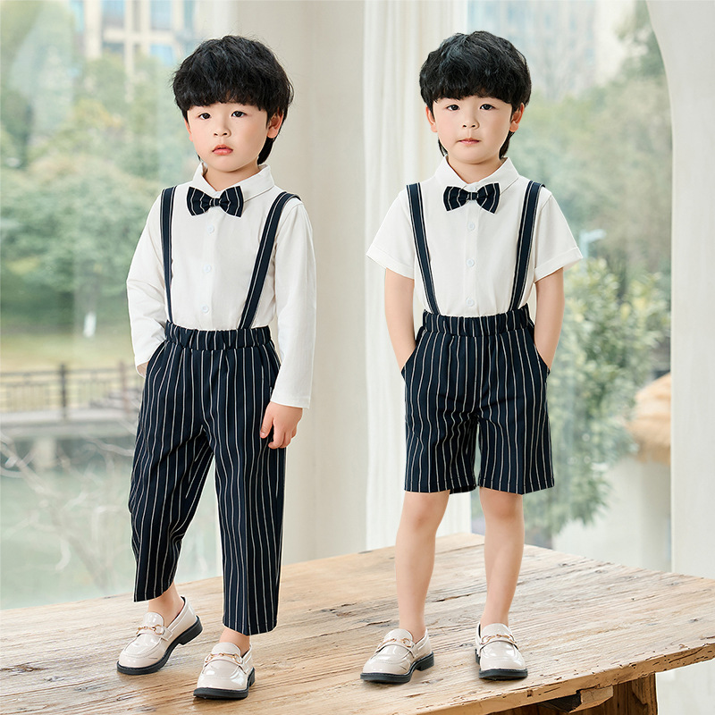 儿童套装春夏新款韩版短袖背带裤两件套男童六一主持合唱表演礼服