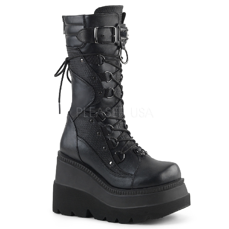 美国【Demonia】11.4cm黑色皮革厚底短筒靴背部拉链前系带女靴