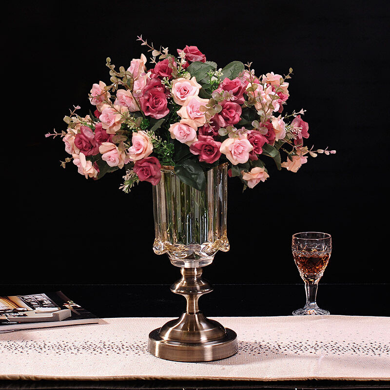 欧风花都欧式客厅茶几餐桌花艺水晶玻璃透明花瓶插花摆件假花仿真
