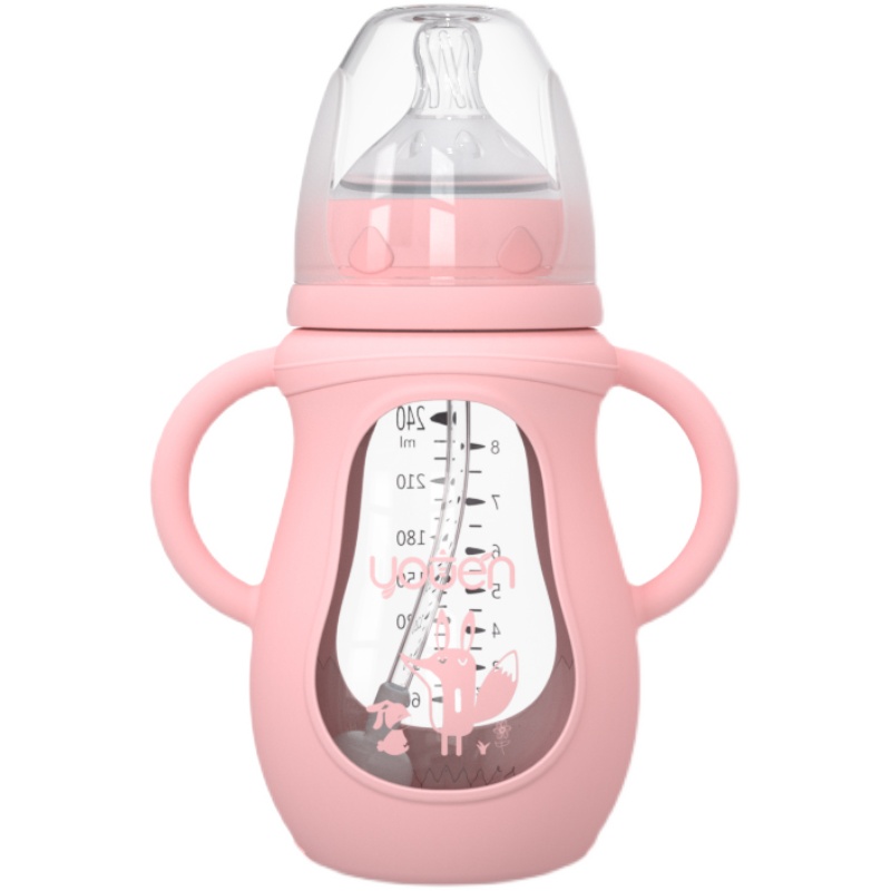 新生儿玻璃奶瓶宽口径带硅胶保护套带吸管婴儿喝水学饮杯防呛防漏