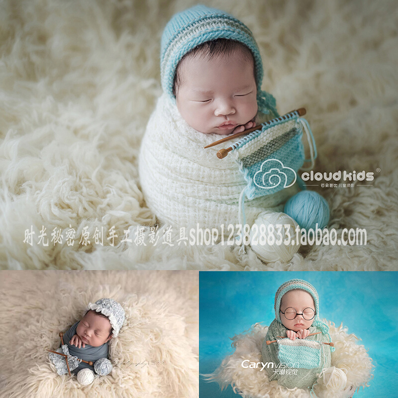 新生儿满月儿童婴儿拼色帽子配毛线球棒针裹布小道具摄影套装