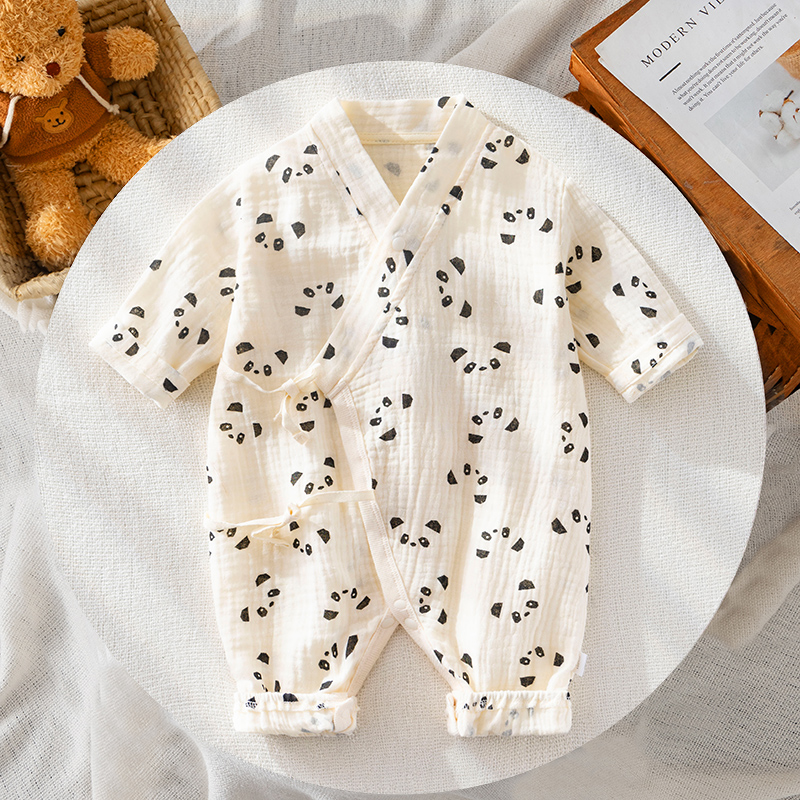 婴儿绉纱连体衣0-3-6-9-12个月宝宝空调服纯棉熊猫新生儿衣服纱布