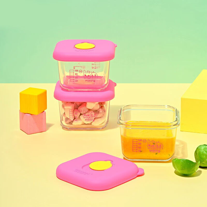 Glasslock进口婴儿辅食盒硅胶盖宝宝玻璃加热冷冻蒸煮餐具pinkfon