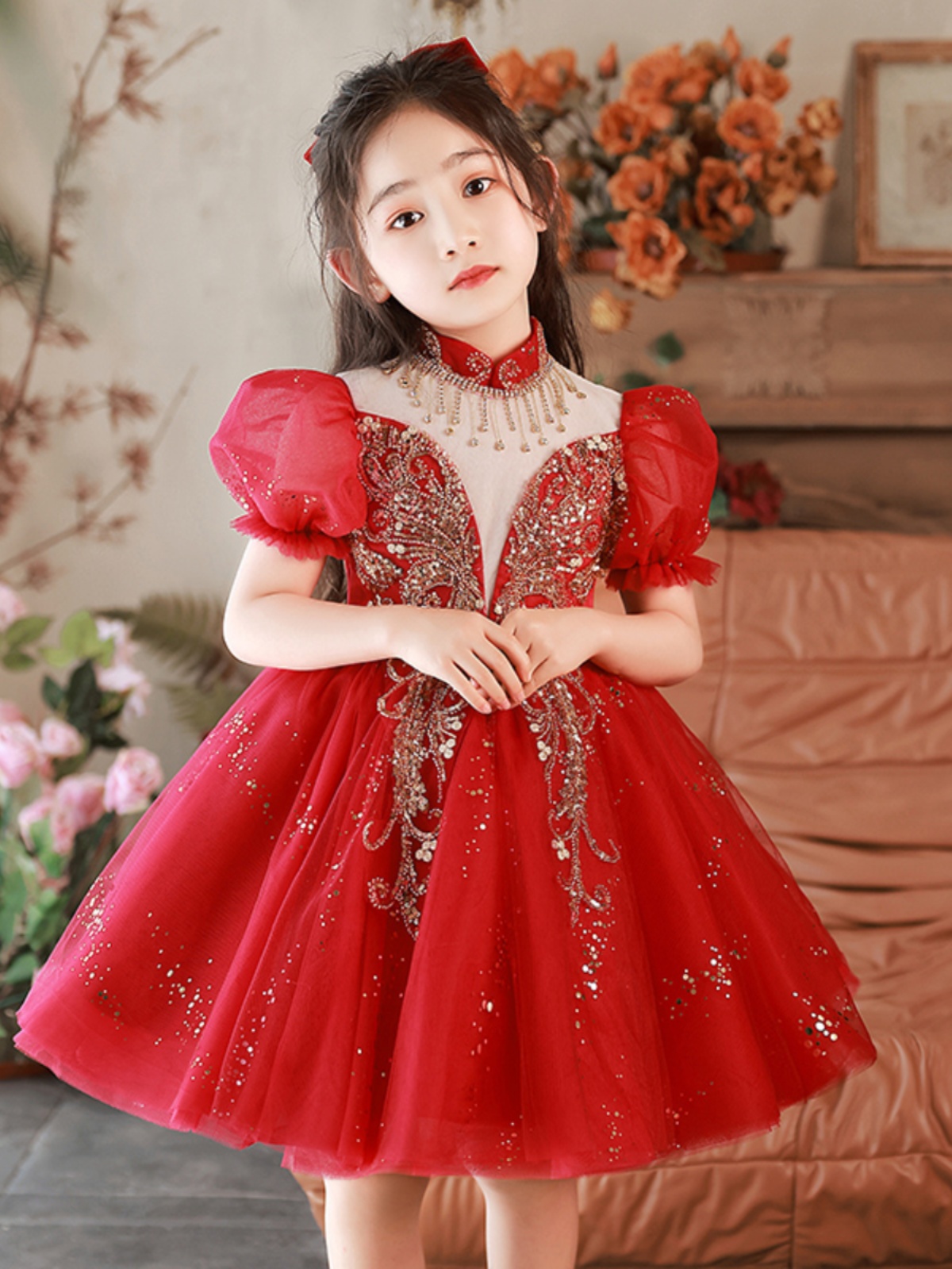 新品儿童礼服公主裙女童演出服钢琴演奏表演礼服裙红色小主持人蓬