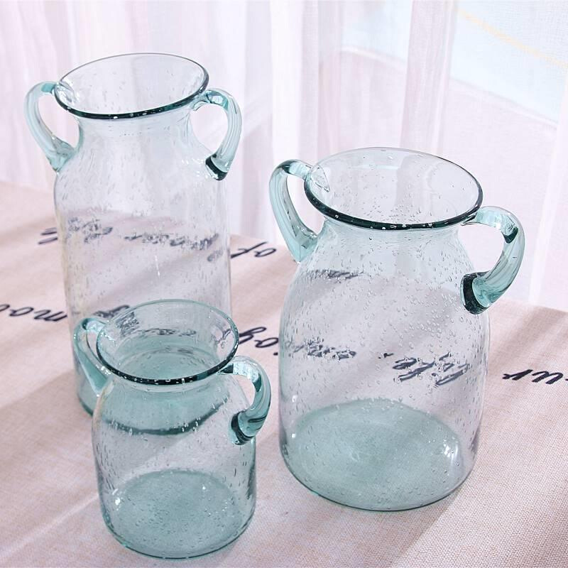 清新田园双耳气泡玻璃花瓶现代简约蓝色透明玻璃花器 花仙子家居