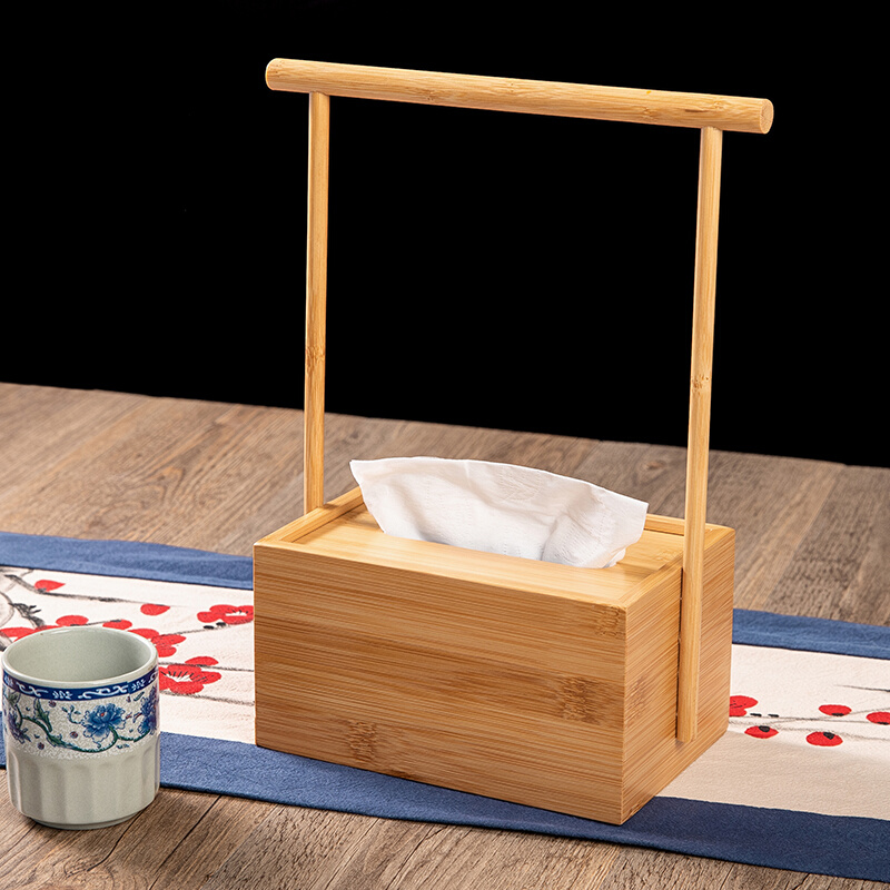 新中式复古竹制纸巾盒实木紫竹带提手抽纸盒轻奢茶室定制客厅创意