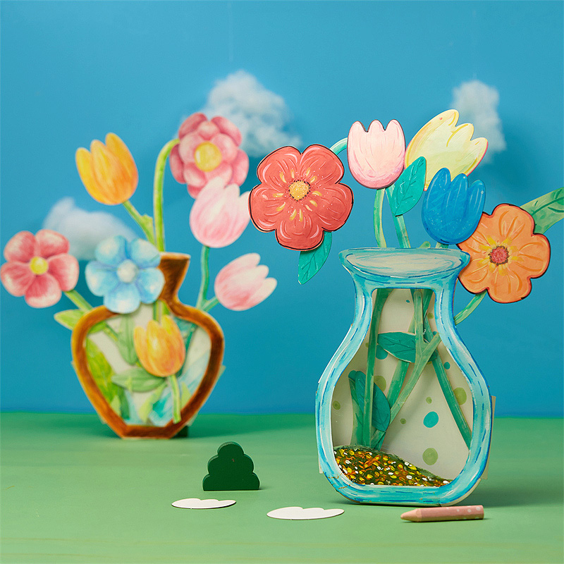 春天手工绘画纸质插花花瓶 儿童创意DIY粘贴母亲节花朵涂色材料包