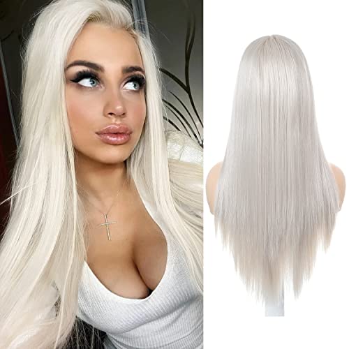 NEMER 13×4 Front Lace Wigs for Women Long Silver White Wigs