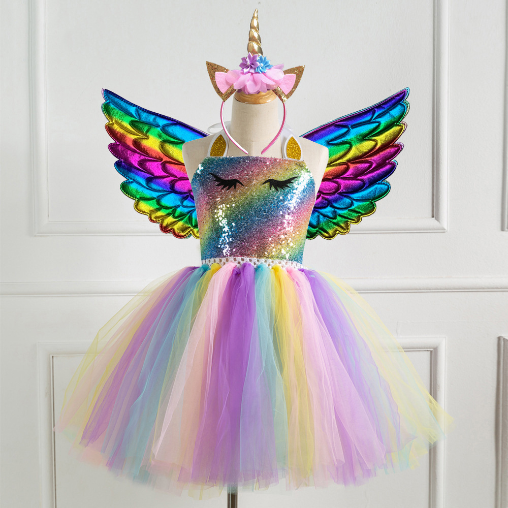 欧美童装儿童七彩女童舞会带LED灯彩虹独角兽公主连衣裙送翅膀