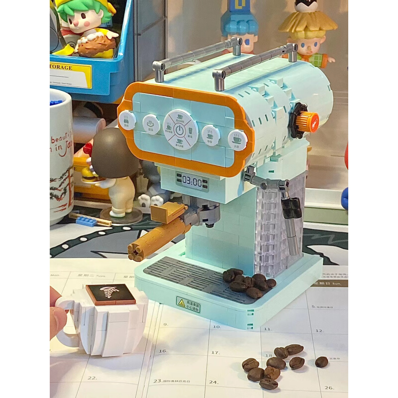 奶呼呼的薄荷绿咖啡机积木~复古磨豆机拼装玩具模型家居摆件礼物