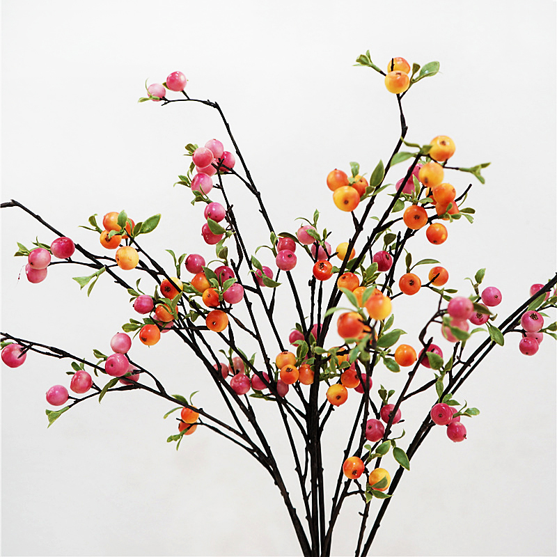 粉红色小苹果干枝仿真果实浆果花艺客厅插花装饰摆件假花摄影道具