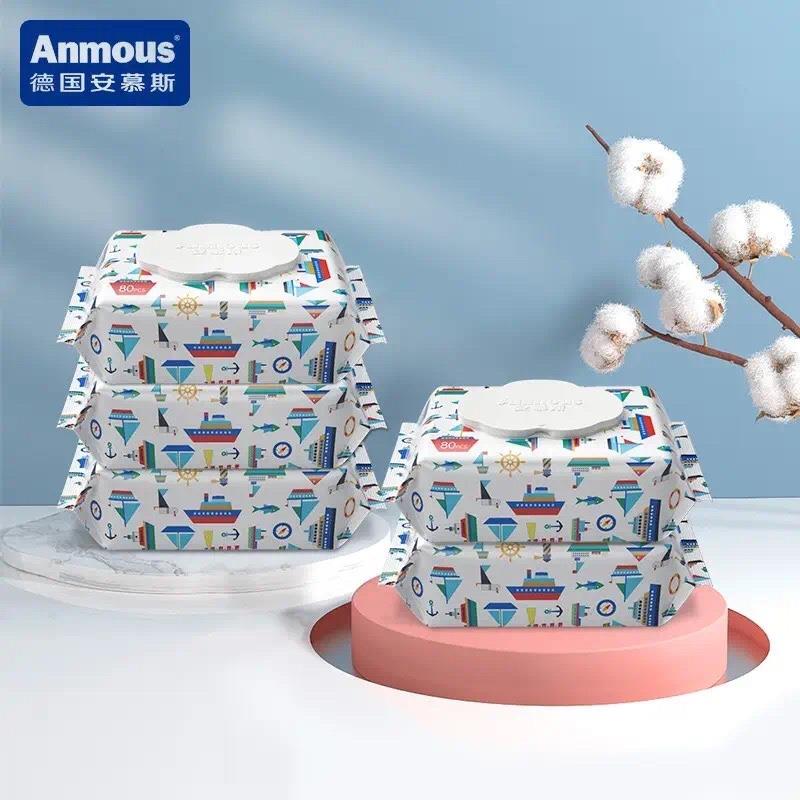 Aamous安慕斯湿巾婴儿手口专用棉柔巾盖装400抽家庭装5包*80抽
