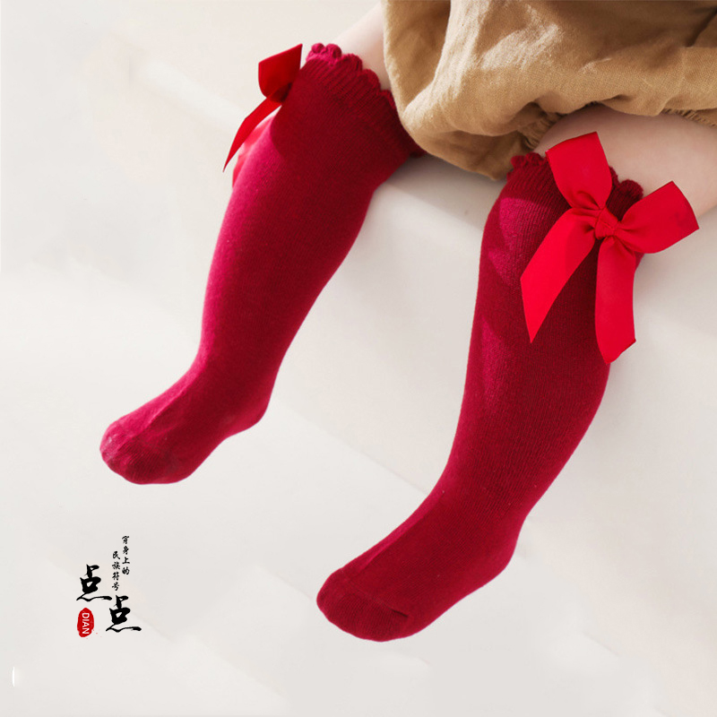 宝宝周岁中筒袜酒红色婴儿蝴蝶结袜子女童公主袜西班牙风纯色短袜
