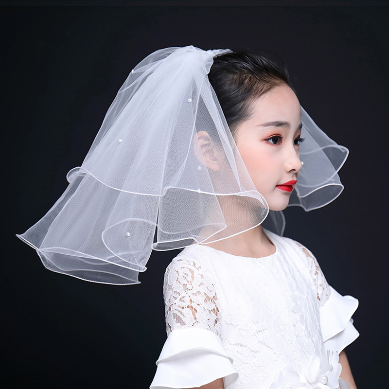 公主头纱儿童蓬蓬珍珠写真拍照道具超仙新娘结婚领证头饰婚纱登记