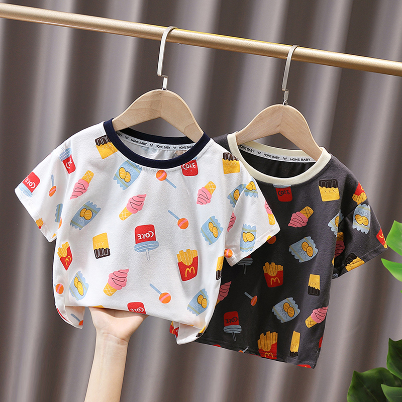 小童卡通可乐薯条印花短袖T恤男女童3夏装宝宝纯棉上衣儿童体恤衫