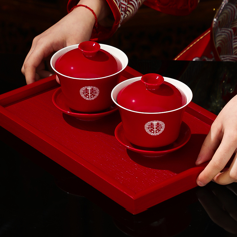 结婚用品改口敬茶杯套装一对喜碗筷杯子婚礼红色茶具敬酒陪嫁大全