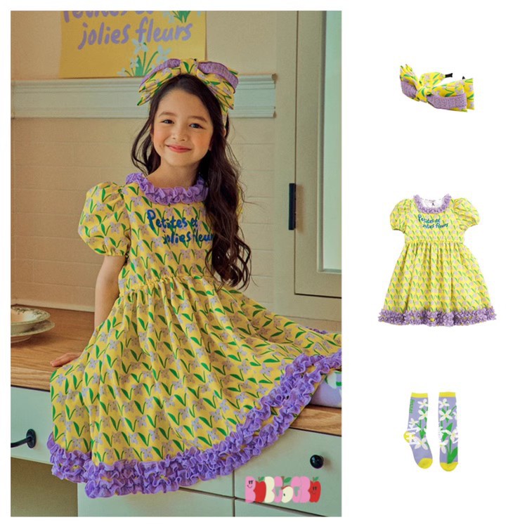 23夏季新款韩国女童装孩子黄色紫色花朵花边泡泡短袖连衣裙3362