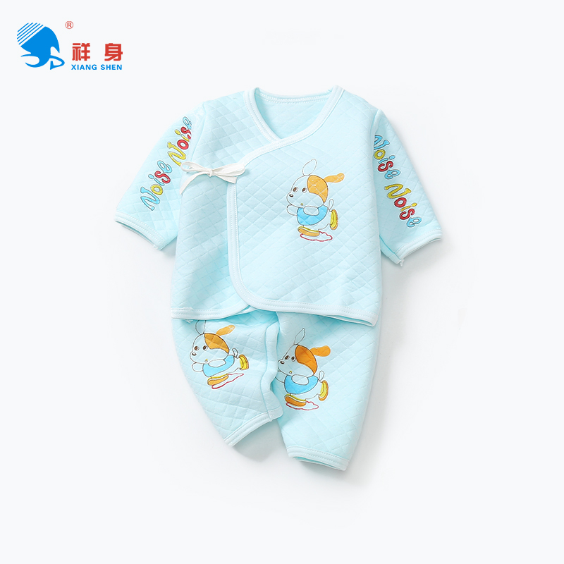 祥身MT115婴儿宝宝蝶衣服套装长袖纯棉斜领系带0-1岁婴童装两件套