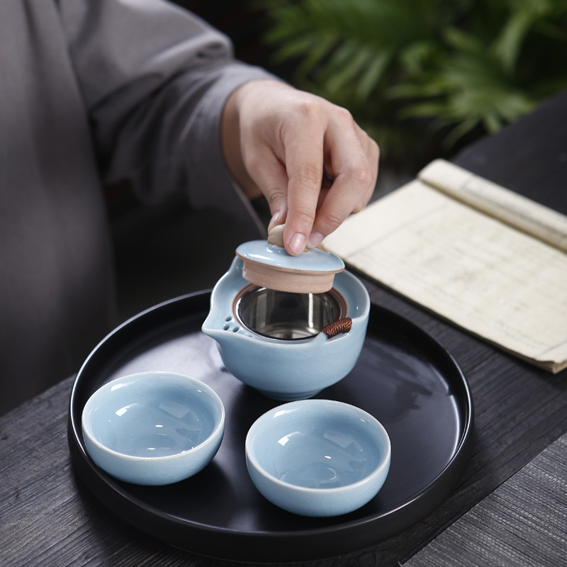 陶瓷一壶二两杯哥窑博彩开片快客杯家用茶壶便携旅行功夫茶具套装
