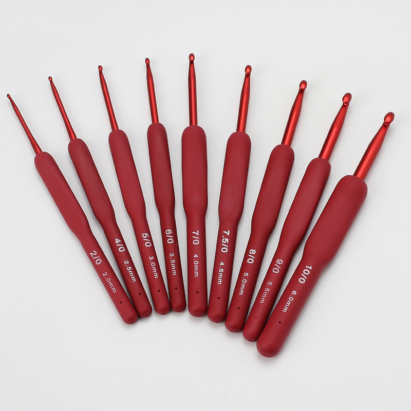 DIY手工红色柄包胶铝钩针 9种规格硅胶软柄手工钩针 新款编织工具