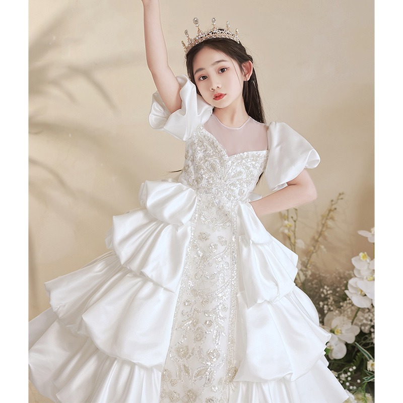 女童公主裙高端礼服洋气花童生日宴主持人钢琴演出服白色儿童婚纱