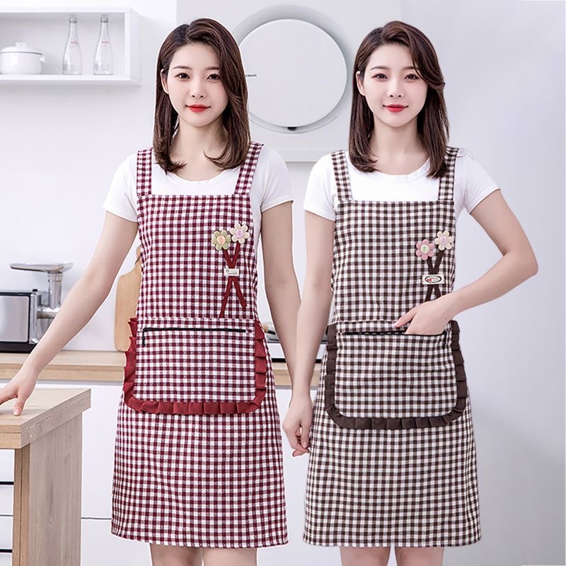 韩版女时尚加厚棉布透气围裙家用厨房做饭工作服无袖格子背带围腰