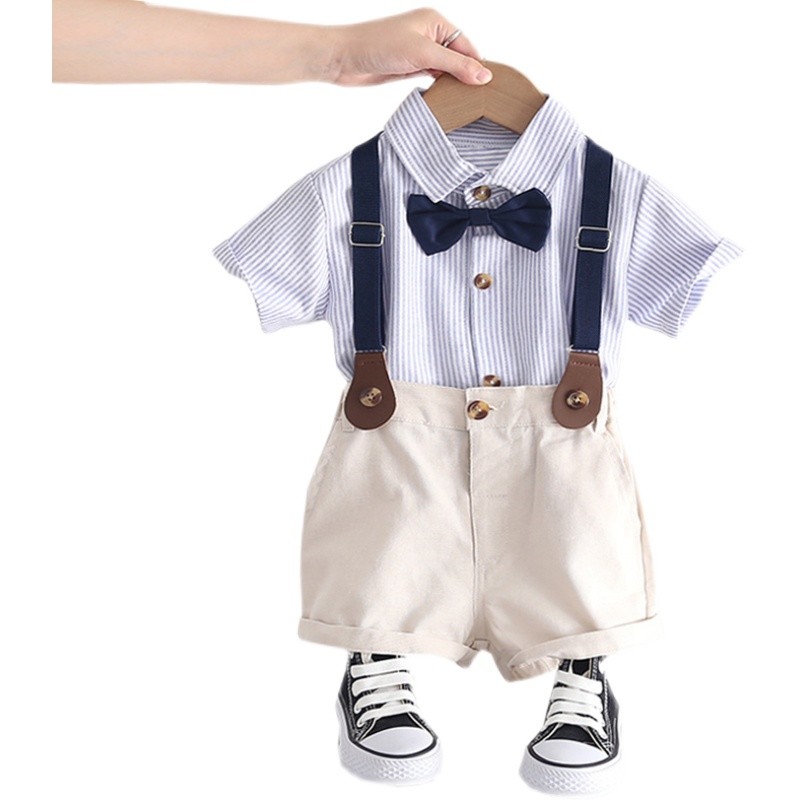 新品百天婴儿衣服绅士套装男孩夏天短袖背带裤夏季一周岁宝宝礼服