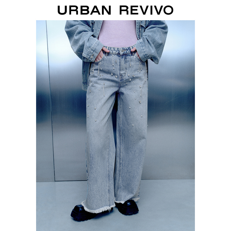 UR2024春季新款女潮流设计感时髦水钻宽腿牛仔长裤UWV840034