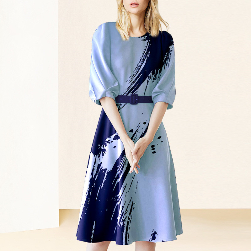 法式时尚气质显瘦蓝色印花连衣裙女装2023新款高级感修身中长裙夏