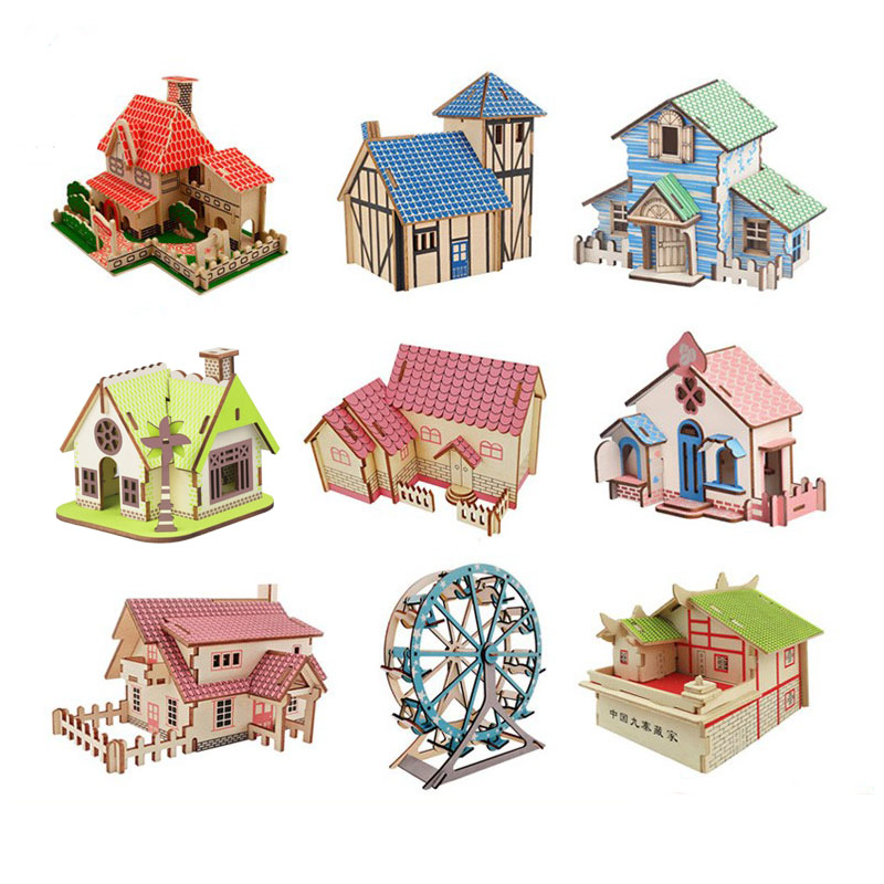 包邮木质手工拼装小屋 儿童DIY制作小房子3D立体拼图积木益智玩具