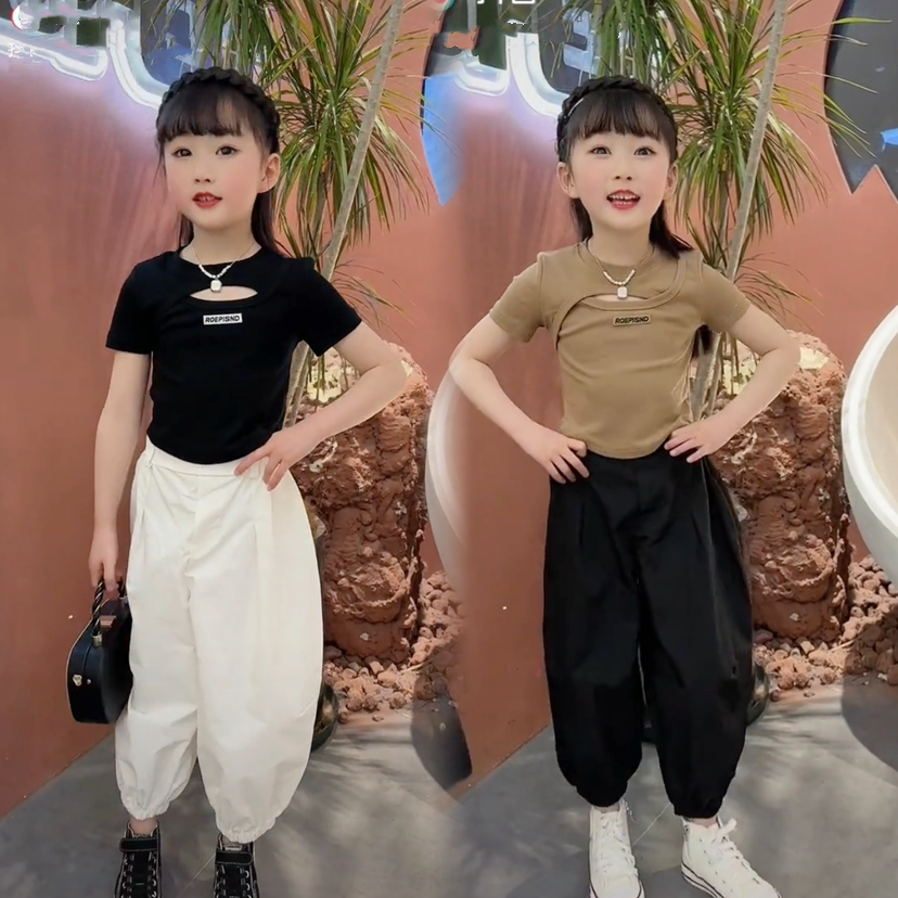 女童别致镂空短款设计感T恤2023新款潮酷爵士舞灯笼裤两件套韩版8